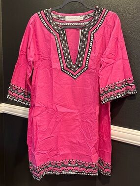 T Bags Los Angeles Women’s Pink 3/4 Sleeve Midi Kaftan Cotton Dress Size Medium